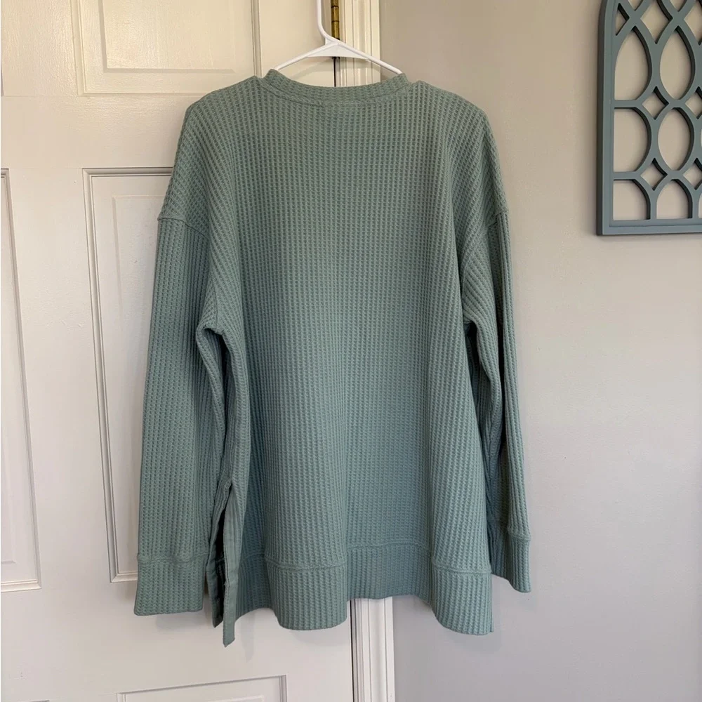 Women's Waffle Knit Long Sleeve Pullover - Sage Green - Picture 3 of 4